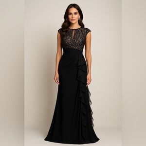 Betsy & Adam Black Lace Evening Gown NWT 12 Elegant Long Formal Dress GALA